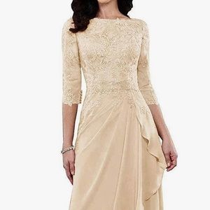 Size 18, Champagne, Long Evening Formal Dress 3/4 Sleeve Lace Applique Ruffles